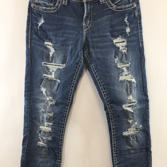 Silver Suki Mid Pencil Skinny Jeans Womens 30/31 Dark Wash Distressed Denim - Picture 4 of 13